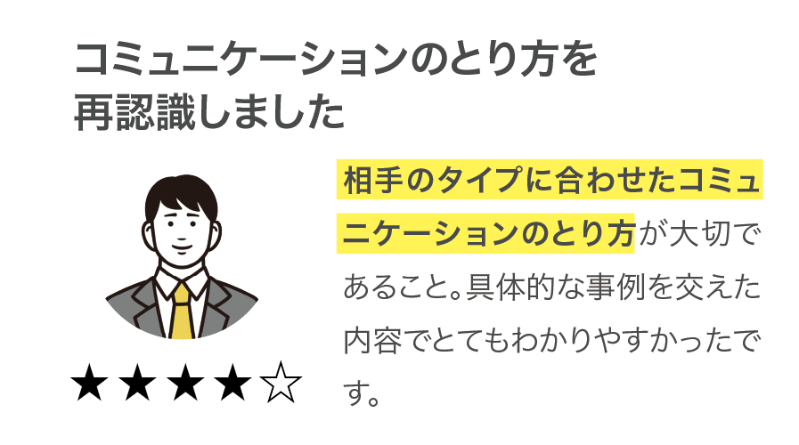 【コミュニケーションのとり方を再認識しました】相手のタイプに合わせたコミュニケーションのとり方が大切であること。具体的な事例を交えた内容でとてもわかりやすかったです。（満足度5点満点中4点）