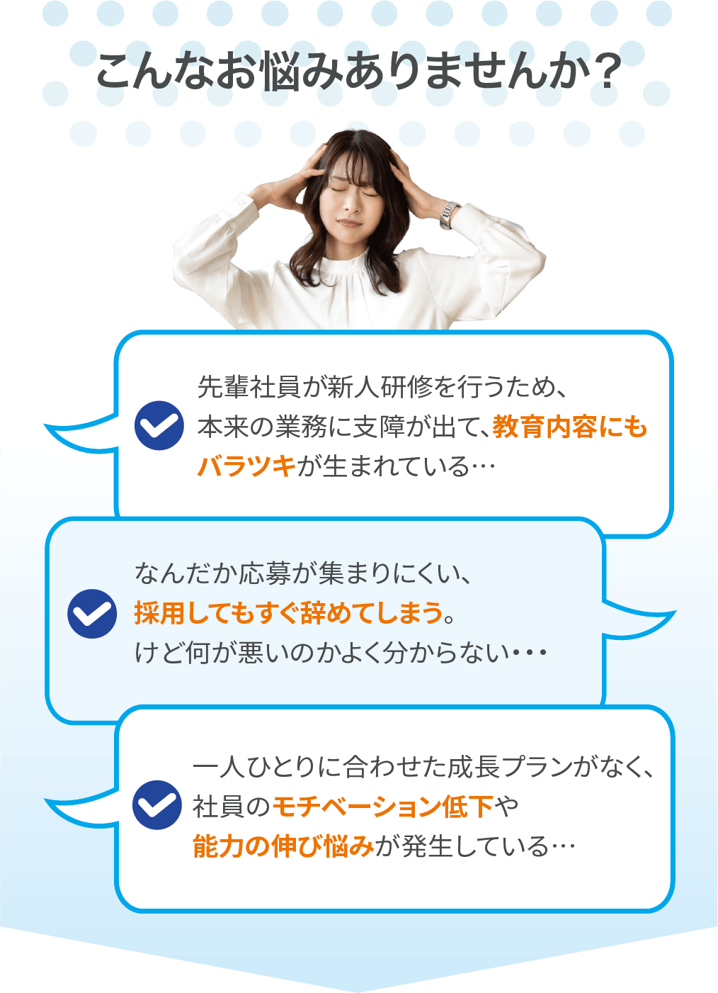 【例えば、こんなお悩みありませんか？】①先輩社員が新人研修を行うため、本来の業務に支障が出て、教育内容にもバラツキが生まれている…②なんだか応募が集まりにくい、採用してもすぐ辞めてしまう。けど何が悪いのかよく分からない…③一人ひとりに合わせた成長プランがなく、社員のモチベーション低下や能力の伸び悩みが発生している…