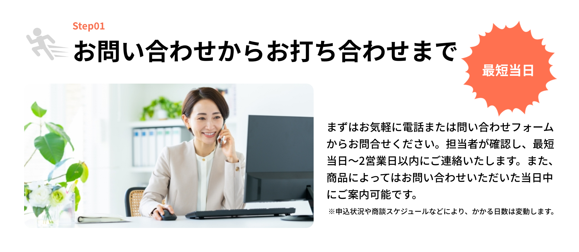 Step01.お問い合わせからお打ち合わせまで（最短当日）まずはお気軽に電話または問い合わせフォームからお問合せください。担当者が確認し、最短当日〜2営業日以内にご連絡いたします。また、商品によってはお問い合わせいただいた当日中にご案内可能です。※申込状況や商談スケジュールなどにより、かかる日数は変動します。