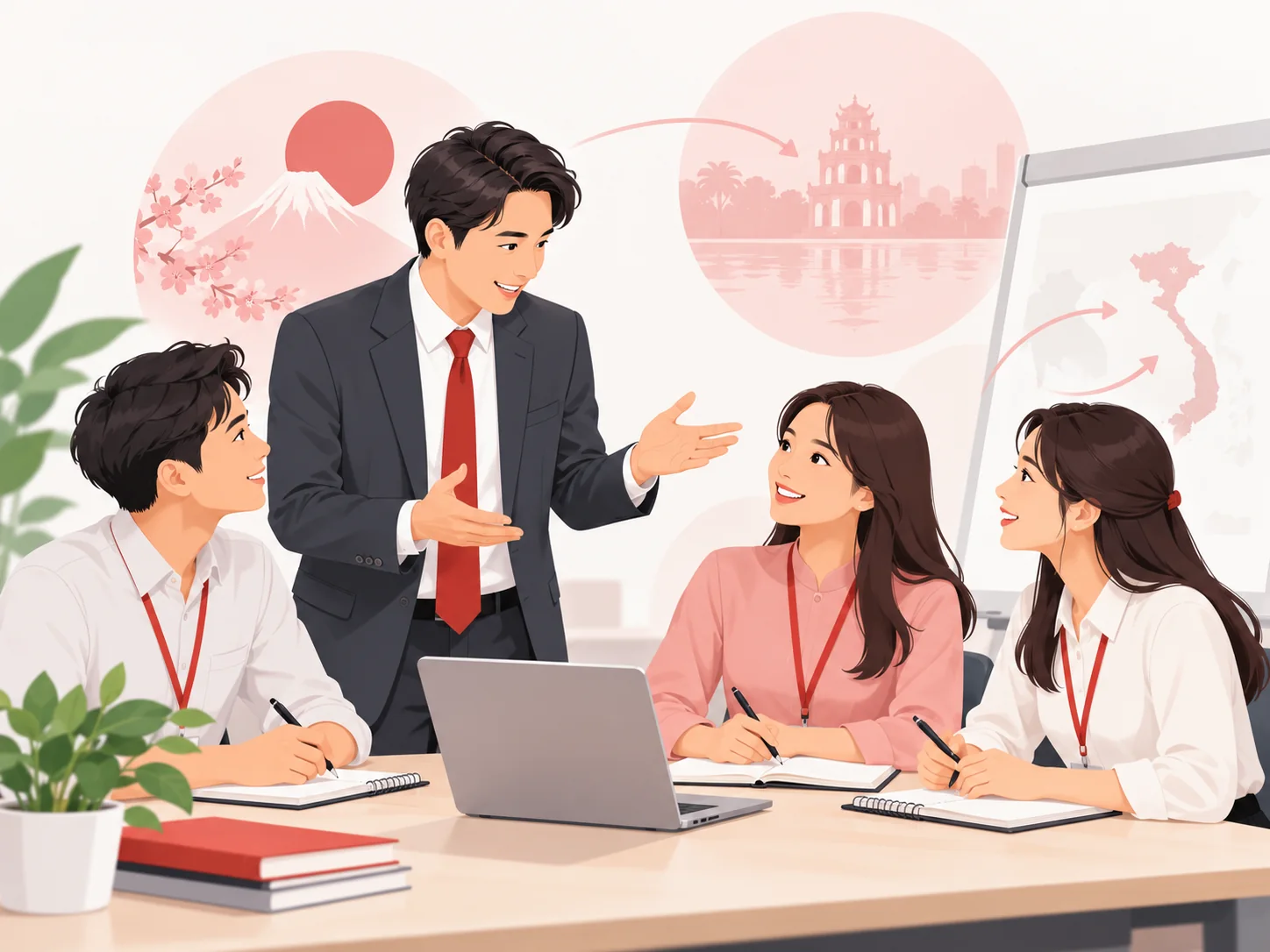 日本人の管理者とベトナム人スタッフが研修を通じて対話・協力するイメージイラスト