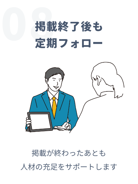 08掲載終了後も定期フォロー 掲載が終わったあとも人材の充足をサポートします